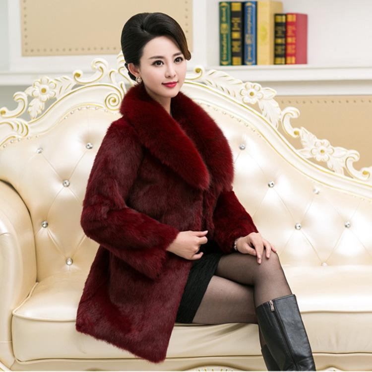 Изображение товара: Женское пальто с натуральным кроличьим мехом, черный цвет, натуральная Меховая куртка с воротником из лисьего меха, подарок для леди, тонкая верхняя одежда размера плюс 5xl 6xl