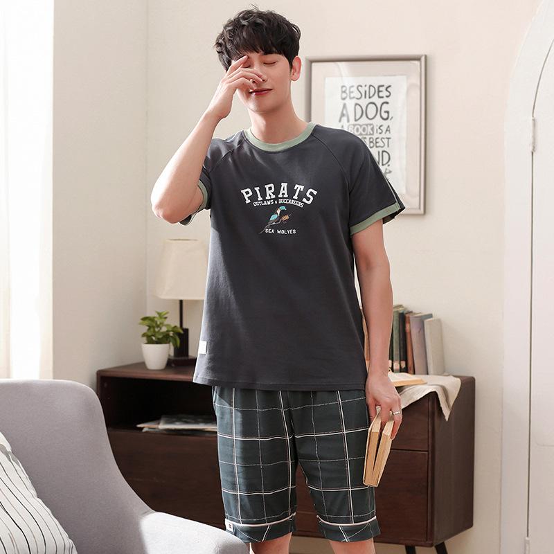 Изображение товара: Мужской летний хлопковый новый корейский пуловер, пижамы, свежие повседневные шорты с короткими рукавами, мужская пижама из двух предметов, пижамный комплект, мужские пижамы