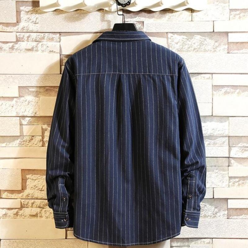 Изображение товара: Мужская хлопковая рубашка в японском стиле, свободная рубашка в Вертикальную Полоску, весна, #7123