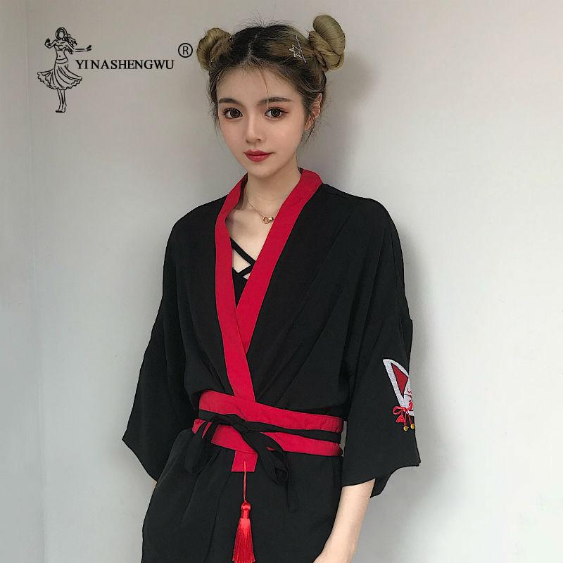 Изображение товара: Японское кимоно, женская рубашка в стиле Харадзюку, блузка с вышивкой и лисой, Свободные повседневные топы, блузки, кимоно, кимоно для косплея, кимоно с ремнем