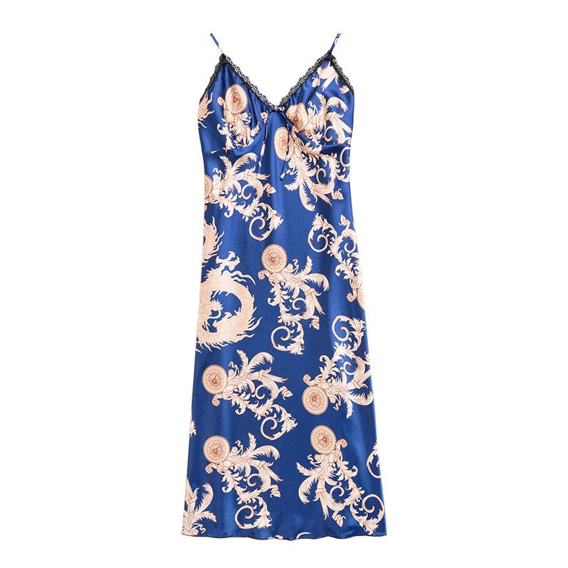 Изображение товара: Женская длинная сексуальная ночная рубашка атласная Шелковая пижама с драконом Спагетти ремень ночные рубашки, ночное белье нижнее белье синяя ночная сорочка Платье