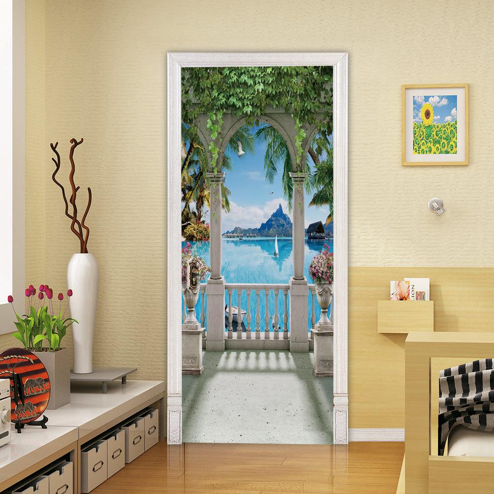 Изображение товара: Наклейка на дверь с изображением горного озера, водостойкая, для гостиной, спальни, 3D обои, самоклеющиеся наклейки на стены