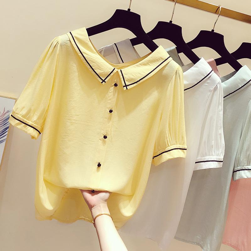 Изображение товара: Летняя новая Корейская шифоновая рубашка для девочек с коротким рукавом и отложным воротником, блузка для женщин, Студенческая Мода, консервативный стиль, топ, рубашки, H9094