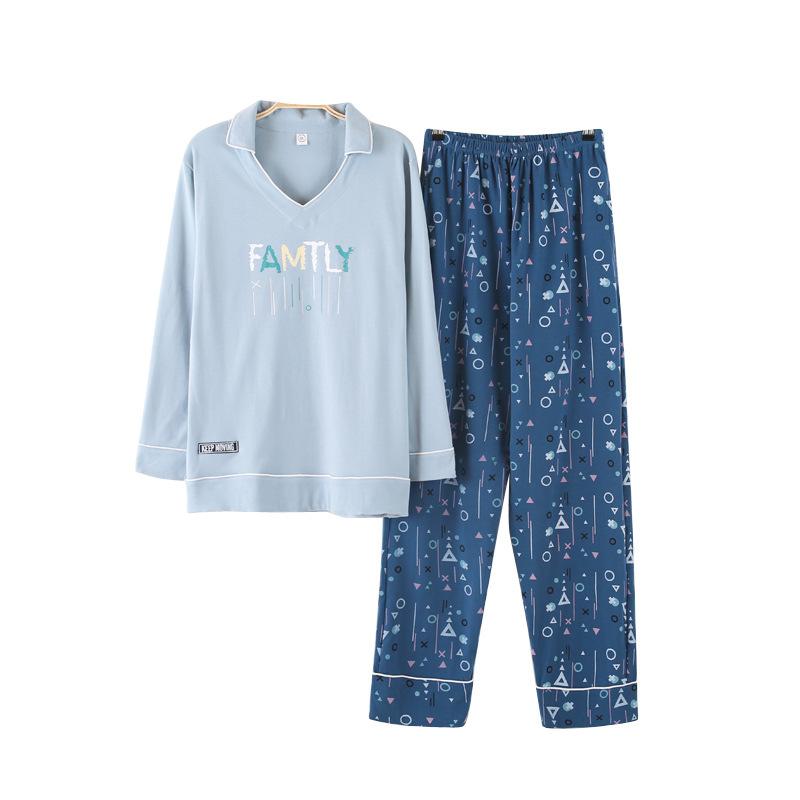Изображение товара: Мужская Хлопковая пижама с отложным воротником, брюки с длинным рукавом, большой размер, корейский стиль, весна-осень 2019