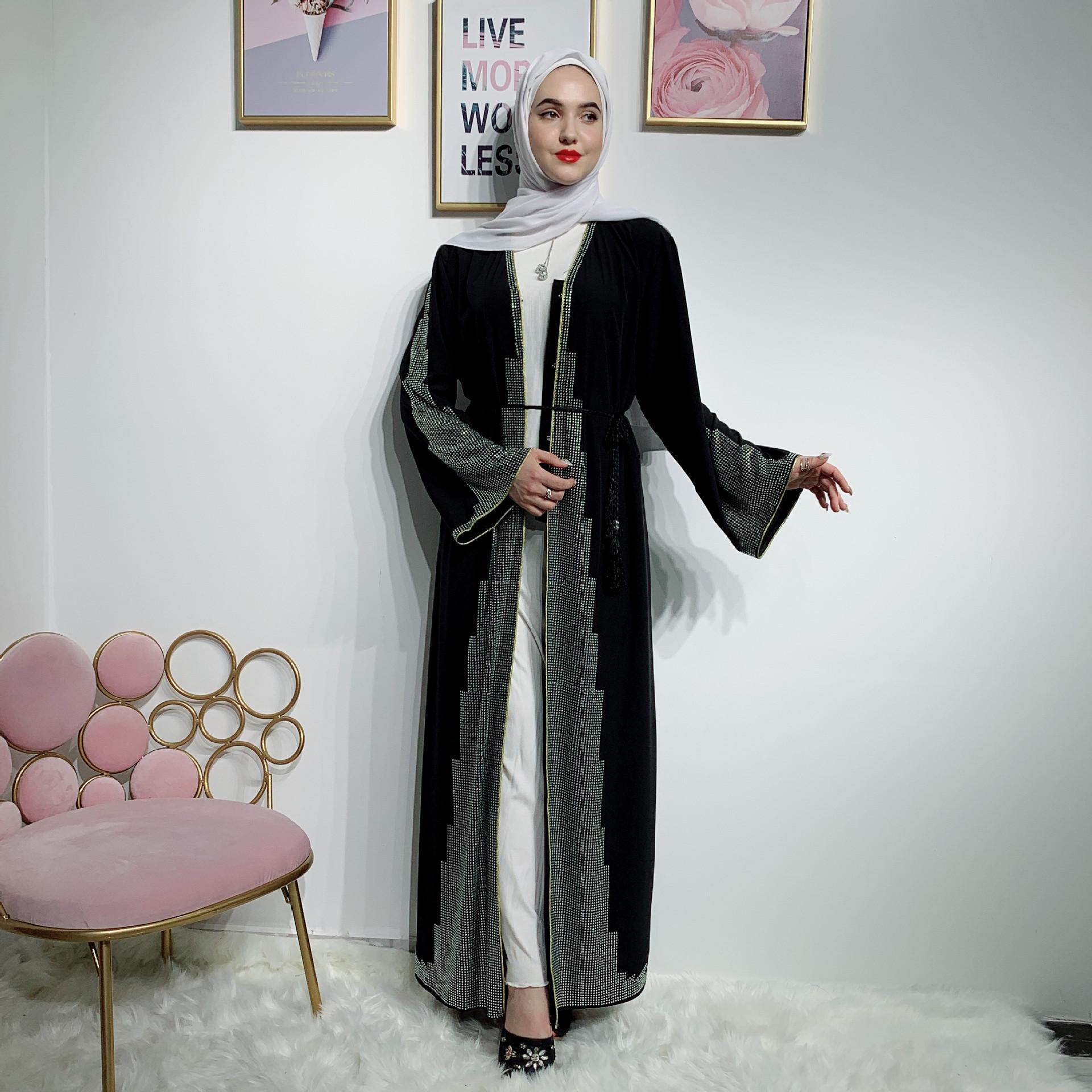 Изображение товара: Роскошный кардиган с бисером и бриллиантами, мусульманская абайя, длинное платье-кимоно, длинное платье, платья, Дубай, Ближний Восток, Арабская и Исламская одежда