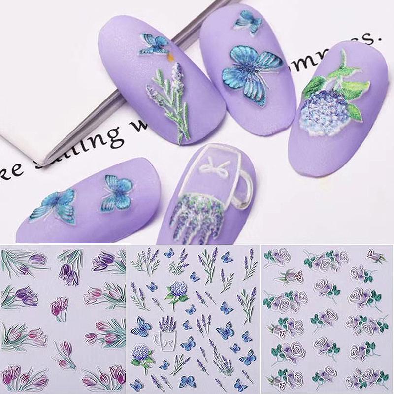 Изображение товара: Самоклеящиеся наклейки для ногтей, 1 лист, цветы, лаванда, 5D, наклейки для дизайна ногтей, акриловые рельефные бабочки, 3D наклейки для ногтей маникюра, украшения