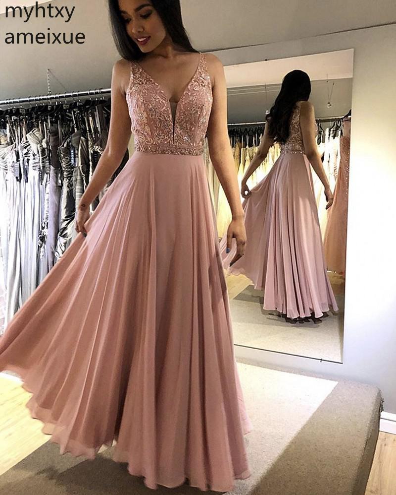 Изображение товара: Женское шифоновое вечернее платье, кружевное розовое ТРАПЕЦИЕВИДНОЕ ПЛАТЬЕ С V-образным вырезом, расшитое бисером, размера плюс