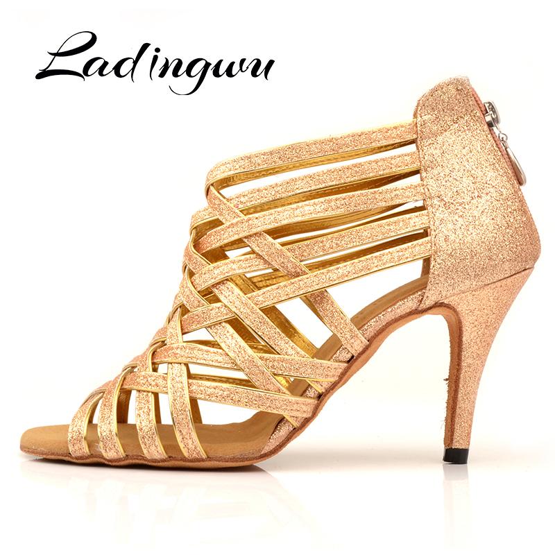 Изображение товара: Латинские танцевальные сапоги золотистого и черного цветов с блестками; профессиональная обувь для танцев на каблуке 10 см; Zapatos De Baile; размеры США 3,5-12 см