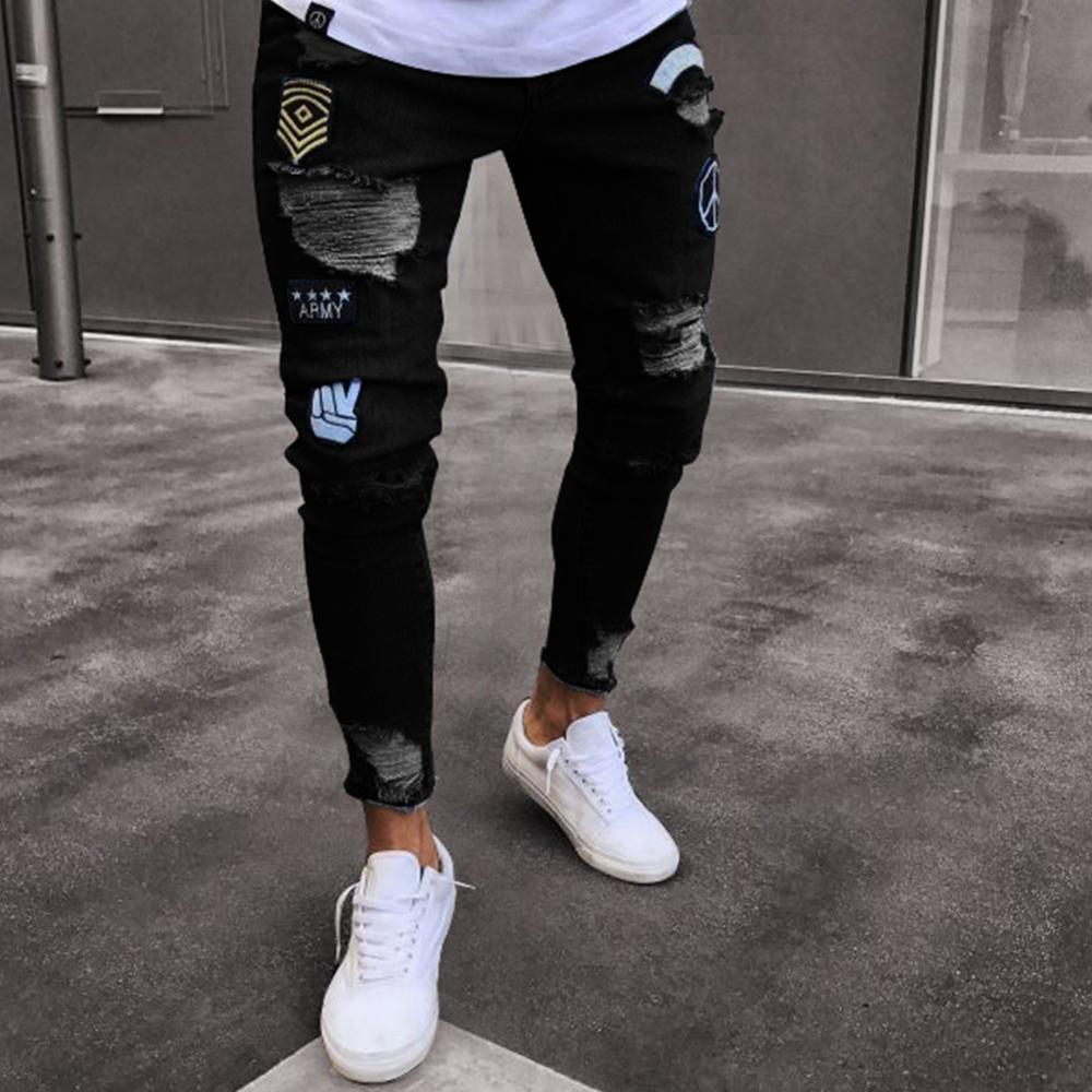 Изображение товара: Мужские рваные джинсовые брюки, зауженные прямые потертые брюки из денима в байкерском стиле, 2019