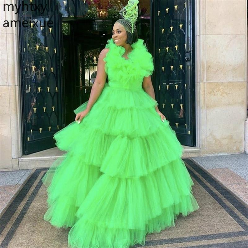 Изображение товара: New Luxury Green Plus Size Evening Dresses V-neck A-line Floor Length Puffy Soft Tullevestidos De Fiesta No Che Robe De Soiree