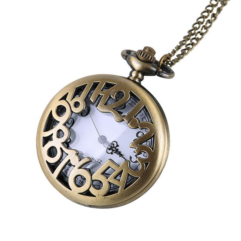 Изображение товара: Винтажные креативные бронзовые часы с большими арабскими цифрами, модные кварцевые карманные часы с цепочкой для ожерелья