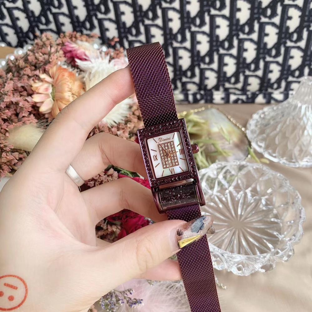 Изображение товара: Часы наручные женские с миланским браслетом, элегантные фиолетовые аналоговые Квадратные Стальные, с плетеным циферблатом и кристаллами