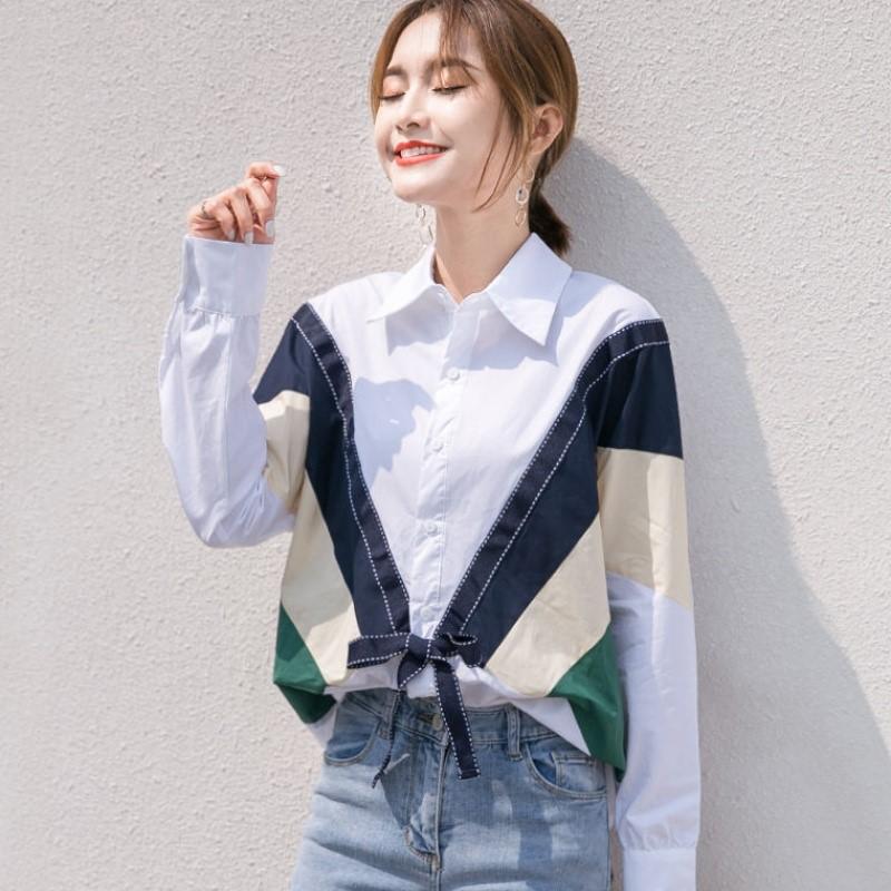 Изображение товара: Женская свободная рубашка макси с длинным рукавом, рубашки с бантом в Корейском стиле, женская уличная одежда, комбинированная Лоскутная Блузка, элегантные женские топы CC234