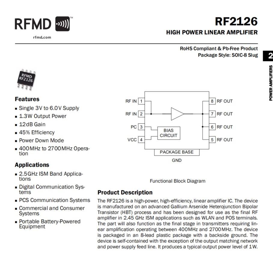 Изображение товара: Широкополосный усилитель мощности RF2126 400 МГц-2700 МГц 2,4 ГГц 1 Вт для Wi-Fi Bluetooth