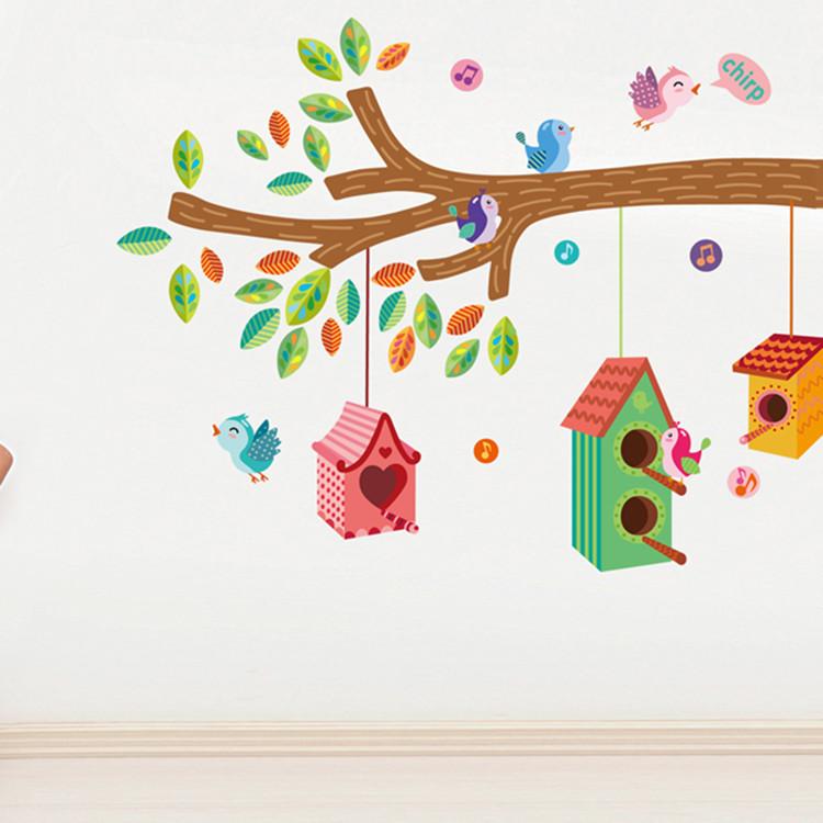 Изображение товара: Настенные Стикеры с птицами, Мультяшные клетки на дереве, милые птицы, домашний декор для детской комнаты, виниловые наклейки на стену из ПВХ, съемные