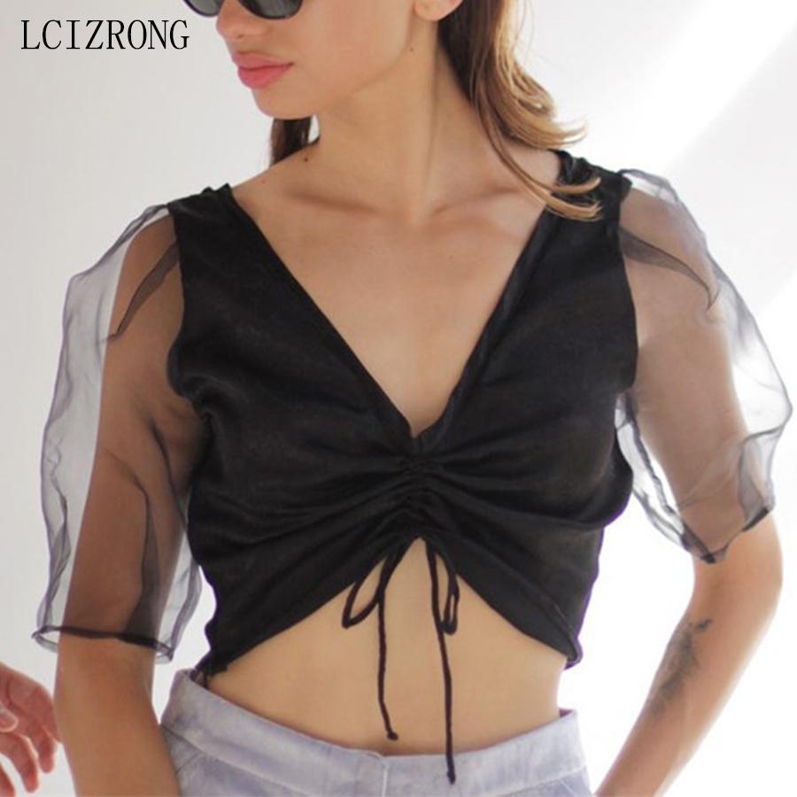 Изображение товара: Модная черная короткая женская футболка с V-образным вырезом, прозрачный укороченный топ с пышными рукавами, летняя уличная одежда, облегающая женская футболка