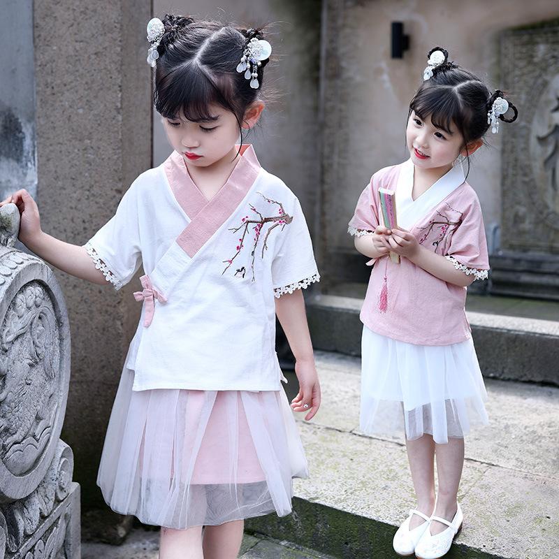 Изображение товара: 2019 летний комплект из двух предметов для маленьких девочек, костюм в стиле Тан, юбка, платье принцессы Hanfu для маленьких девочек, китайские танцевальные костюмы Sl1019