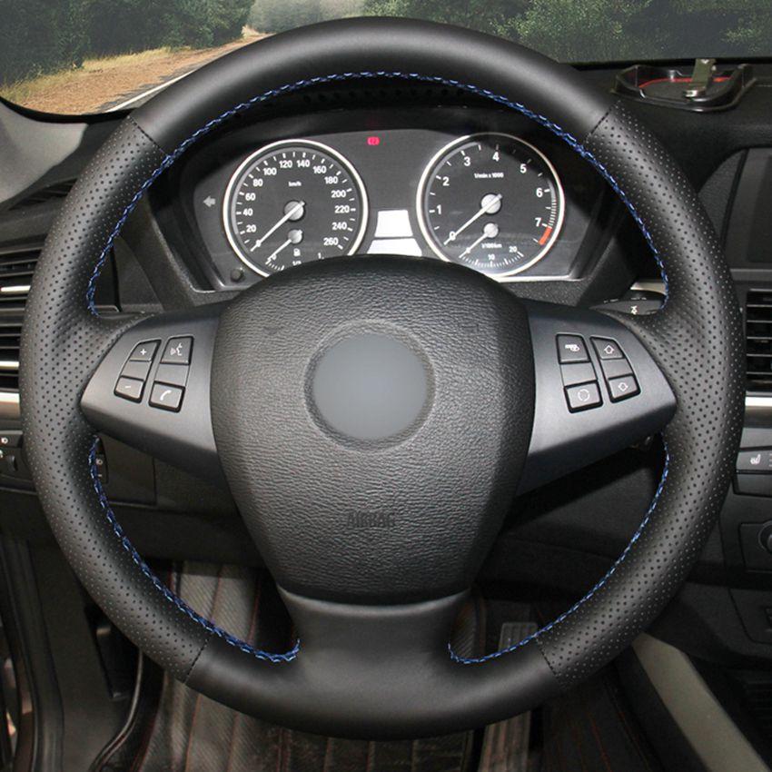 Изображение товара: Прошитая вручную Обложка на руль, черная кожа Чехол рулевого колеса автомобиля для BMW E70 X5 2008-2014 X6 E71 2008-2015