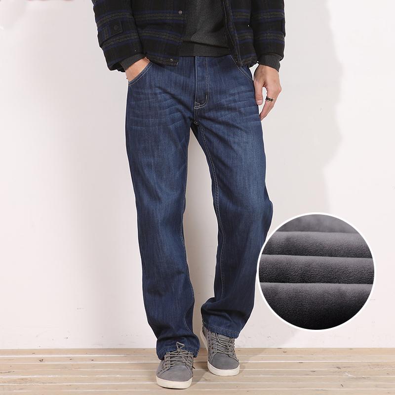 Изображение товара: Зимние теплые мужские флисовые повседневные Прямые джинсы, Стрейчевые плотные джинсовые фланелевые мягкие брюки размера плюс 28-48