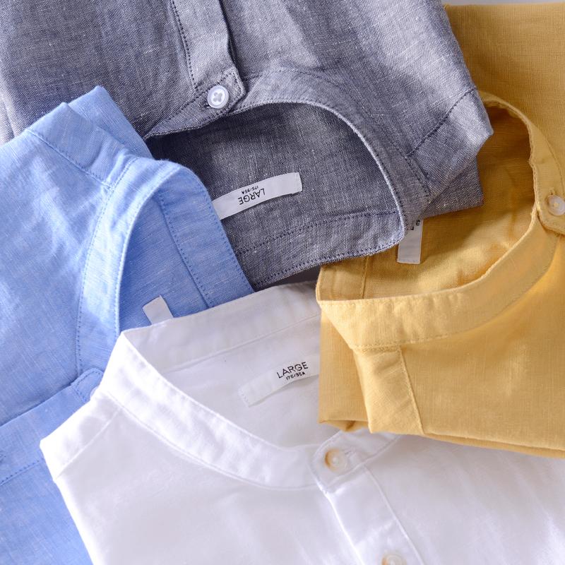 Изображение товара: Рубашка мужская с коротким рукавом, хлопково-Льняная блуза с воротником-стойкой и карманами, свободного покроя, брендовая рубашка, лето