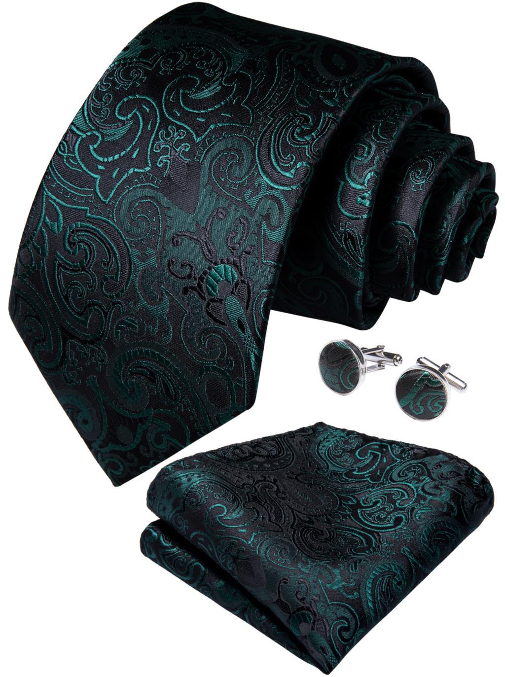 Изображение товара: Галстук мужской DiBanGu, зеленый, черный галстук с цветочным рисунком, дизайнерский комплект, платок, запонки, модный галстук для бизнеса, свадьбы, вечеринки, MJ-7177