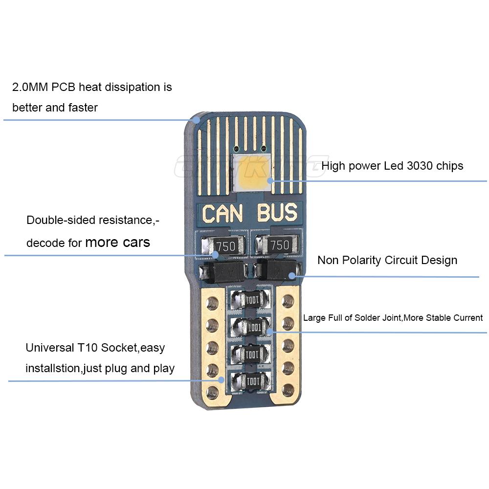 Изображение товара: Светодиодные лампы T10 W5W, 10 шт., светодиодный светильник 194 168 Canbus без ошибок, 3030 чипов, подсветка для чтения дверей салона автомобиля, парковочная Лампа 6000K, 12 В