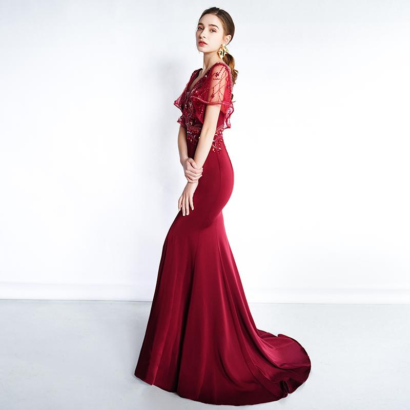 Изображение товара: Vestido de festa вечернее платье с v-образным вырезом и v-образным вырезом длинное платье 2020 модный халат De Soiree Бисероплетение бордовый вечернее платье