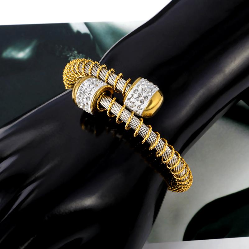 Изображение товара: Простой дизайн, браслет из проволоки с кристаллами, ювелирные изделия из нержавеющей стали, женский браслет на запястье, эластичный браслет-талисман, Регулируемый Женский Браслет-манжета