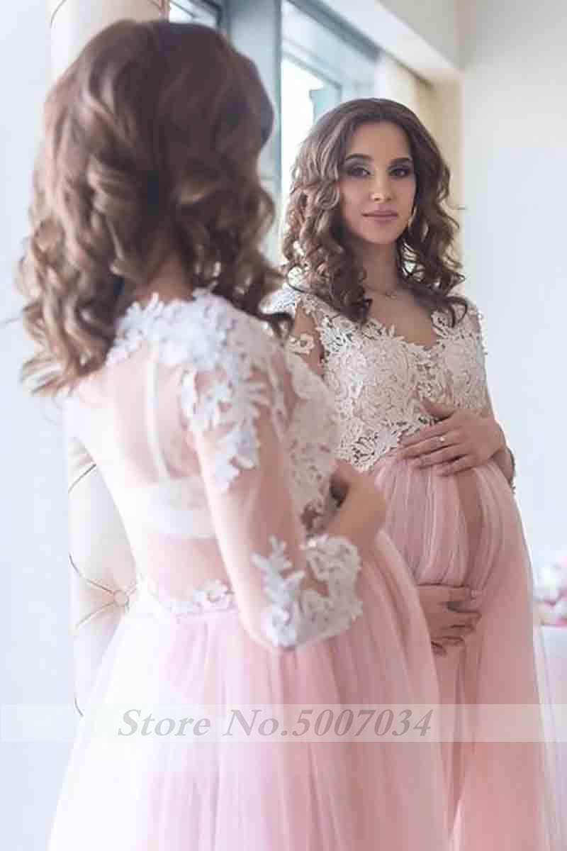 Изображение товара: Розовое свадебное платье со смайликом для беременных женщин, платье невесты длиной 3/4 с длинными рукавами в пол, элегантные свадебные платья, 2019