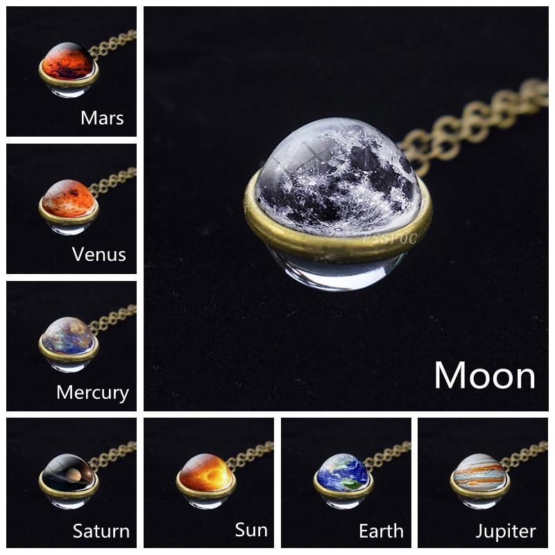 Изображение товара: Мода, солнечная система, луна, земля, солнце, Марс, Jupiter, планета, ожерелье, двухстороннее ожерелье со стеклянным шариком, кулон, космическое пространство, ювелирные изделия
