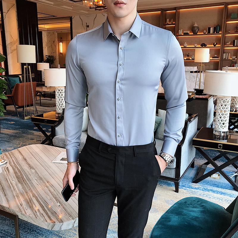 Изображение товара: Однотонная мужская новинка 2019, мужская эксклюзивная рубашка с длинными рукавами, облегающая деловая мужская офисная рубашка, модная уличная мужская повседневная рубашка