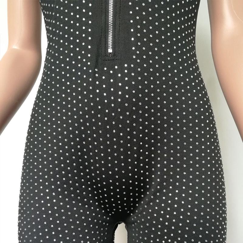 Изображение товара: 2019 сексуальные женские облегающие блестящие шорты Стразы комбинезон с передней молнией и V-образным вырезом без рукавов