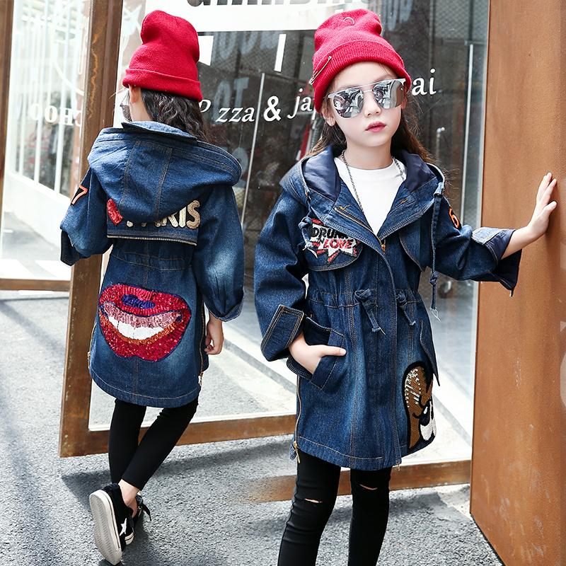 Изображение товара: Джинсовая куртка для девочек на осень и зиму, новинка, детское длинное пальто с капюшоном и блестками, теплая утепленная верхняя одежда для подростков B193
