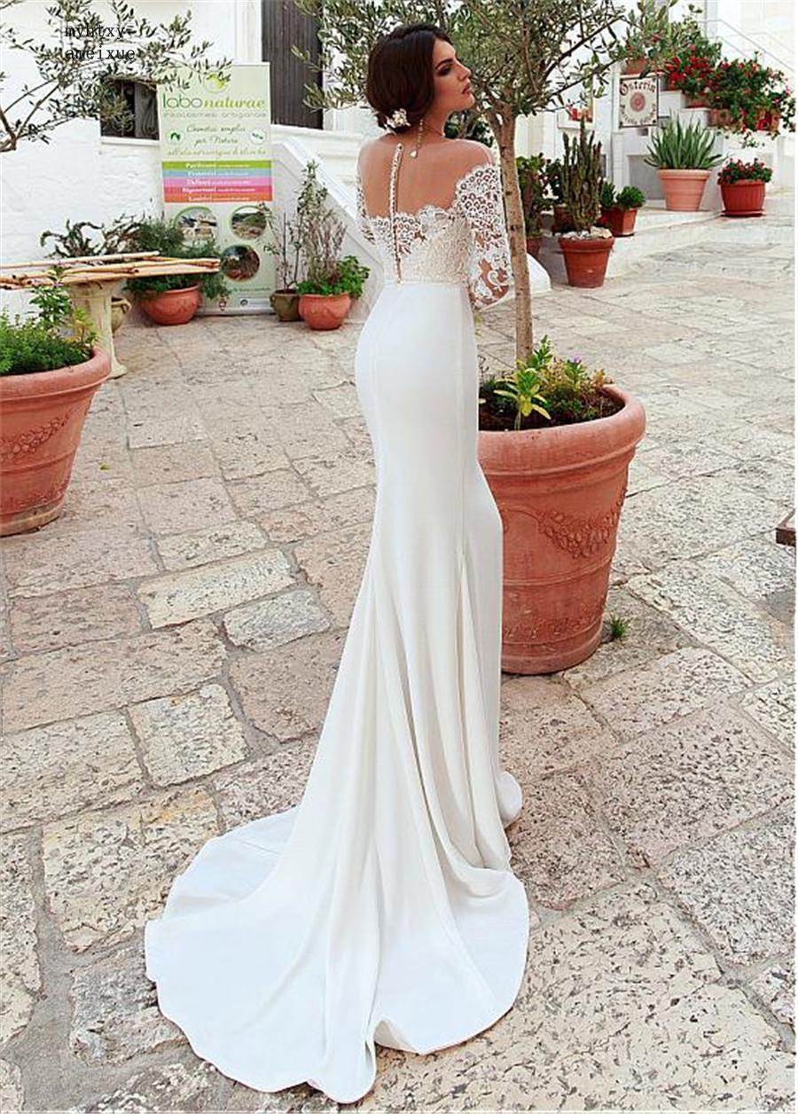 Изображение товара: Шифоновое и атласное платье с глубоким декольте со шлейфом, в пол, на молнии, с рукавом-крылышком, сексуальное свадебное платье с юбкой-годе, роскошное платье для невесты 2020
