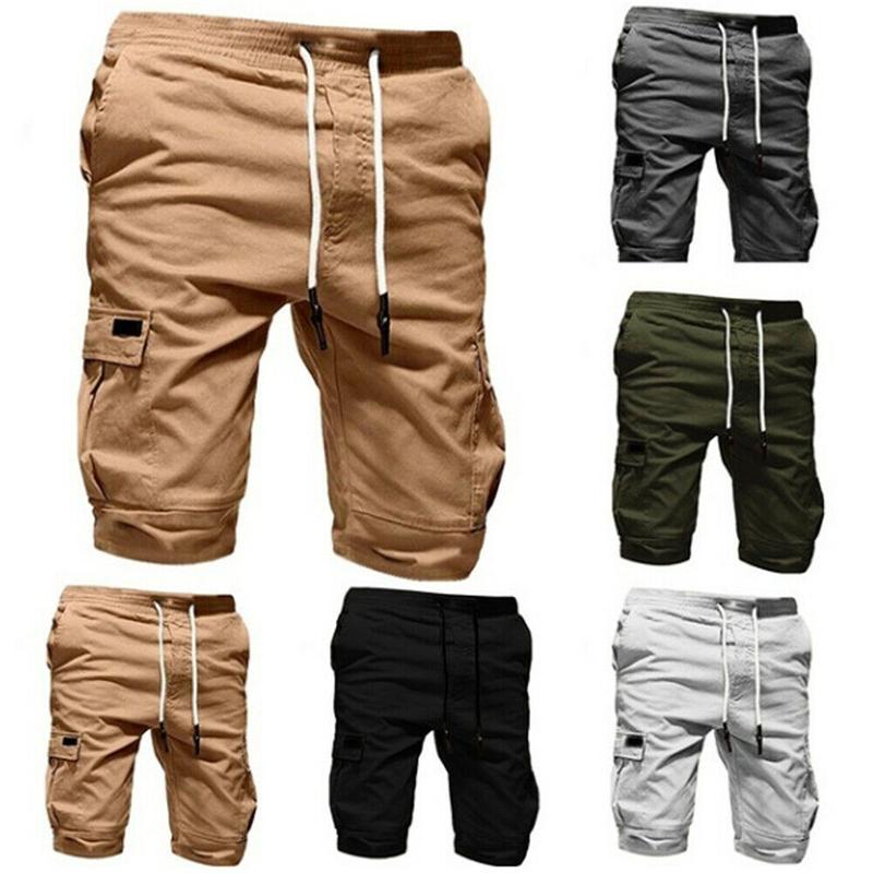 Изображение товара: Шорты-карго мужские с эластичным поясом, однотонные прямые штаны, свободные спортивные брюки до колена, уличная одежда, лето