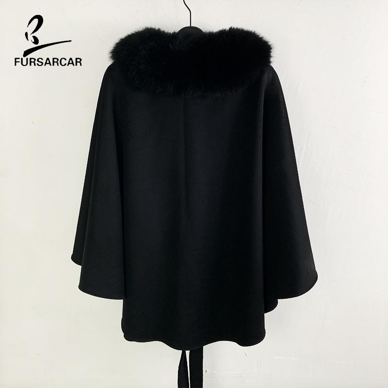 Изображение товара: Новинка, модная женская шаль FURSARCAR из натурального меха с поясом, большой воротник из натурального меха лисы для женщин, черная шерстяная накидка