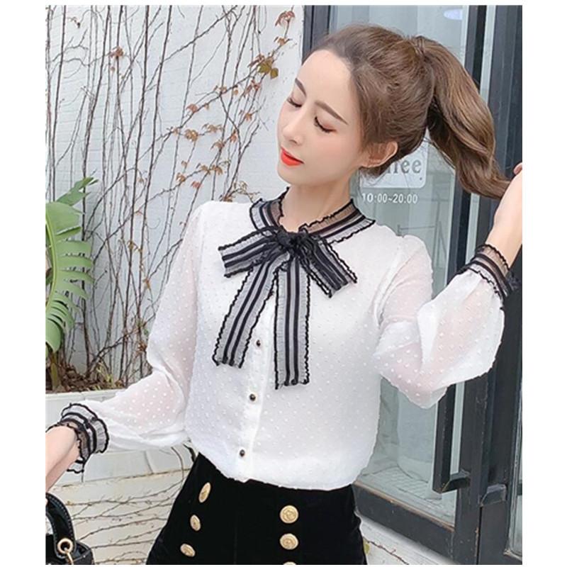 Изображение товара: Весенняя новая Корейская шифоновая рубашка женская белая блузка с бантом и длинным рукавом Одежда для девочек Лето Осень Повседневная мода Тонкий Топ H9140