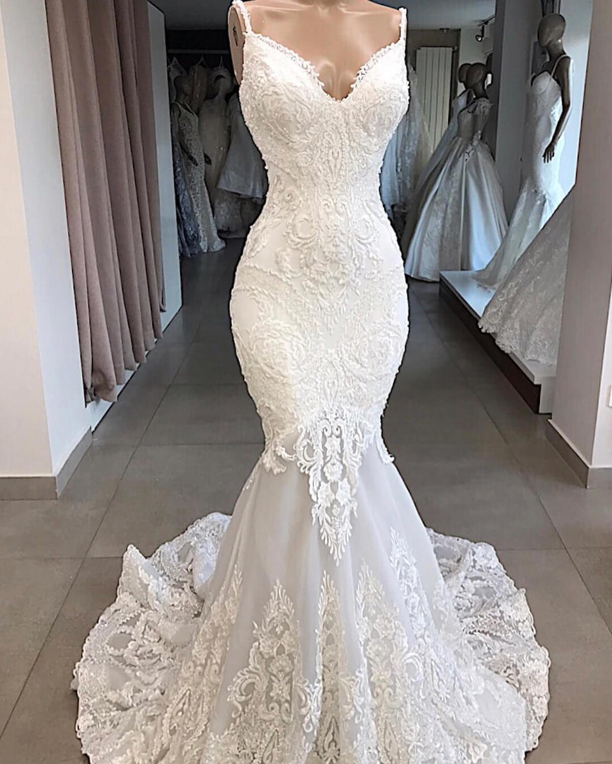 Изображение товара: Женское свадебное платье Русалка, белое кружевное платье с открытой спиной и V-образным вырезом, ручной работы