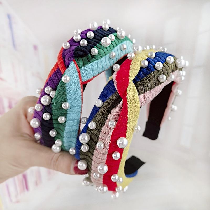 Изображение товара: 2020 Модная красочная полосатая повязка на голову тюрбан, жемчужные ободки узлом головной обруч для волос аксессуары для волос для женщин обувь для девочек повязка на голову, новогодние
