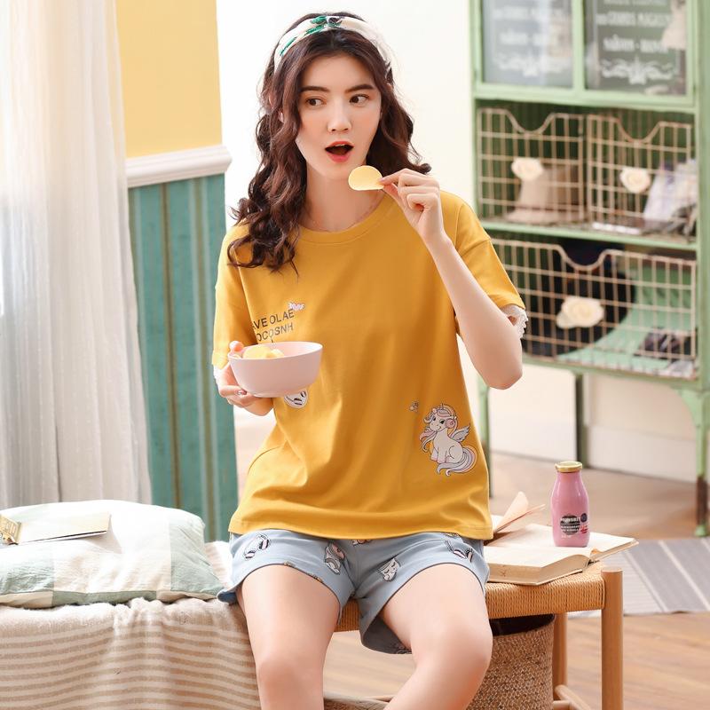 Изображение товара: Женские новые хлопковые корейские летние женские пижамы шорты с коротким рукавом и рисунком тонкие женские пижамные комплекты из двух предметов пижамный комплект