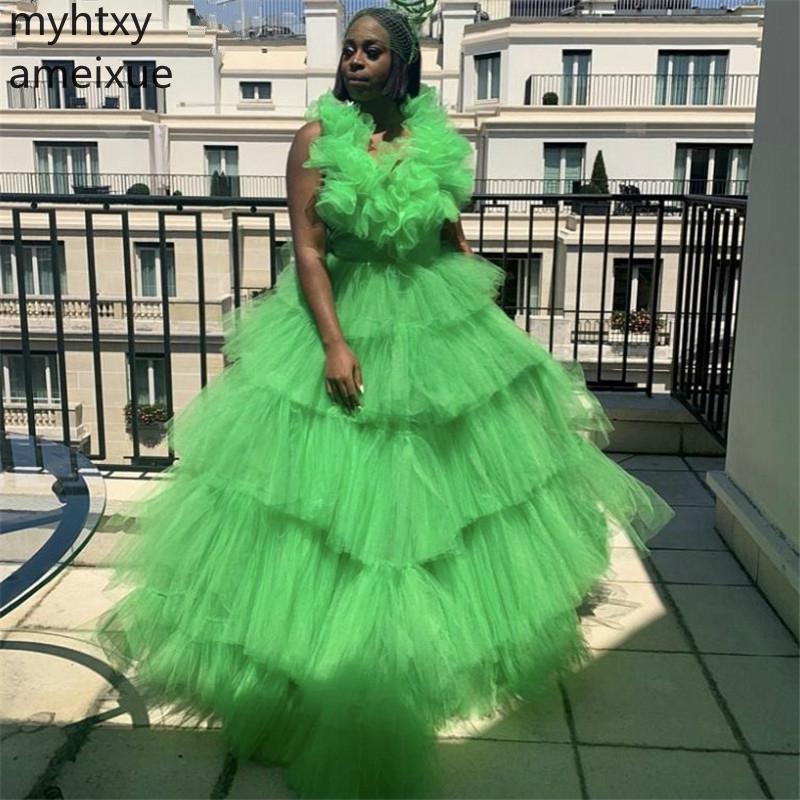 Изображение товара: New Luxury Green Plus Size Evening Dresses V-neck A-line Floor Length Puffy Soft Tullevestidos De Fiesta No Che Robe De Soiree