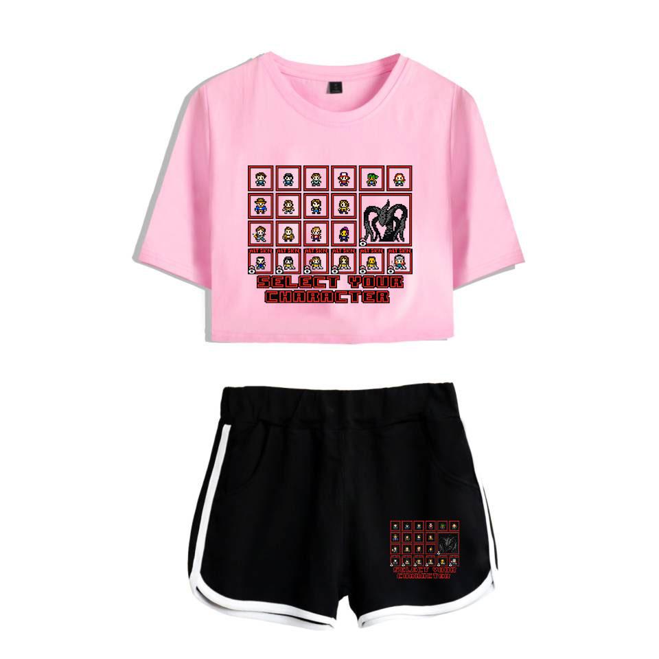 Изображение товара: Stranger Things Women 2 Piece Outfits Summer Short Sleeve Tshirt+High Waist Shorts Side Striped Pant Crop Top Casual Tracksuit