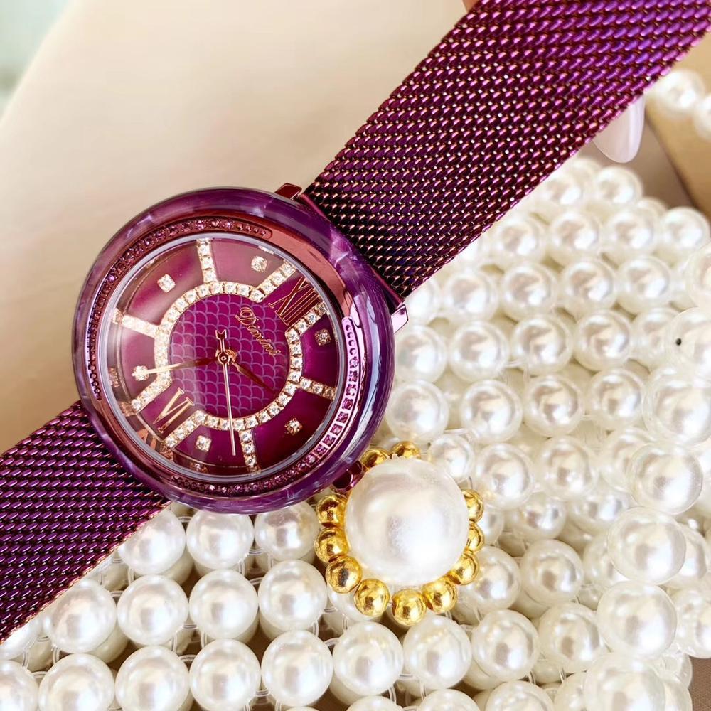 Изображение товара: Часы женские кварцевые водонепроницаемые с кристаллами, браслеты фиолетового цвета, наручные часы «миланская петля» из стали, в римском стиле, для вечеринки