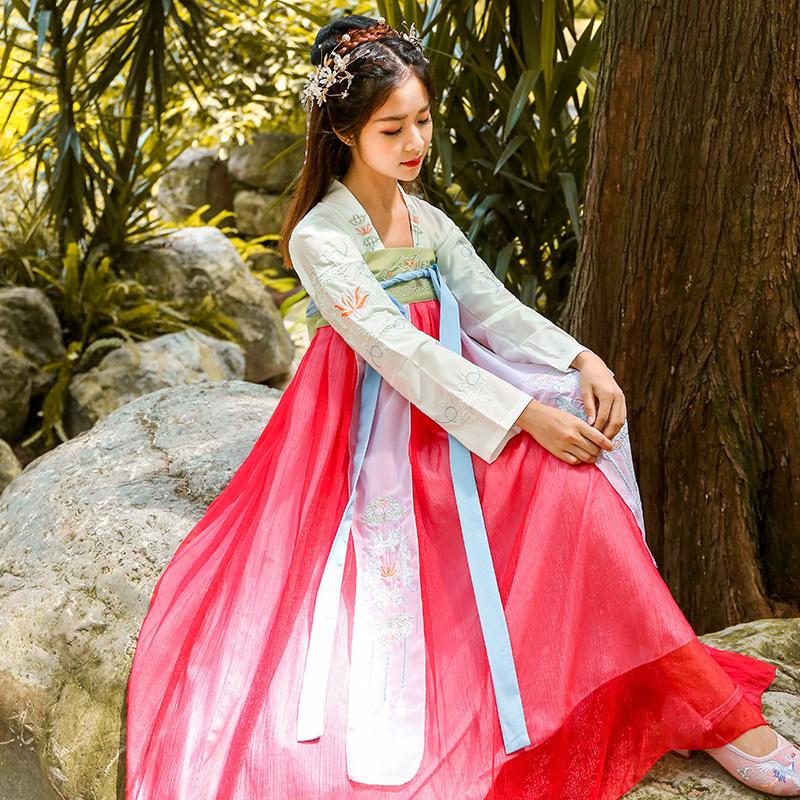 Изображение товара: Традиционный костюм ханфу, танцевальный костюм, Восточная народная сценическая одежда, китайский праздничный наряд, сказочное платье для женщин DF1002