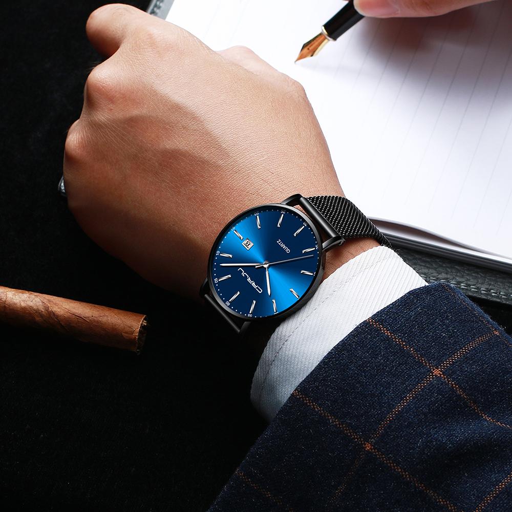Изображение товара: Мужские наручные часы CRRJU, синие повседневные часы с сетчатым ремешком, водонепроницаемые и противоударные часы с розовыми стрелками, 2019