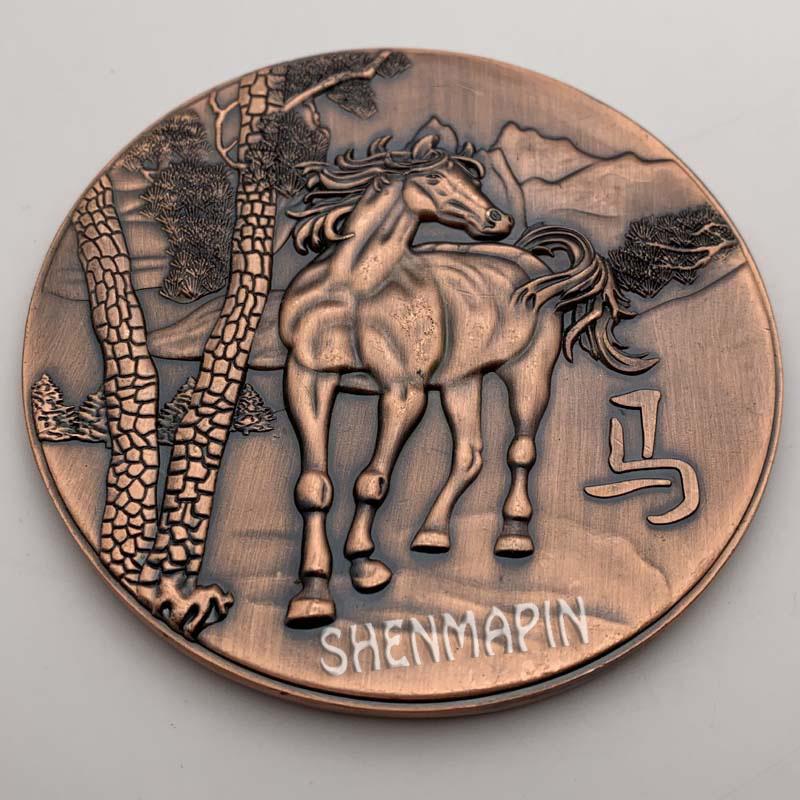 Изображение товара: Памятная монета в форме традиционного китайского зодиака, трехмерная рельефная двухсторонняя лошадь, красная медь, коллекционные монеты