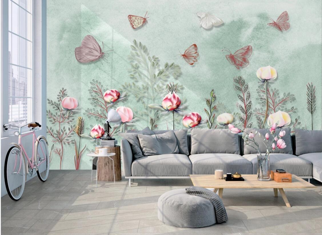 Изображение товара: Настенные бумажные фрески цветы бабочка зеленый фон настенная бумага для комнаты для девочек контактная бумага для улучшения дома настенная Обложка цветочный