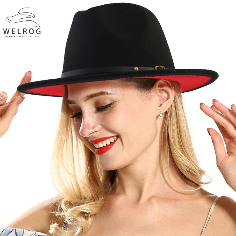 Изображение товара: Шляпа WELROG женская с пряжкой, Лоскутная шерстяная фетровая Федора, с широкими полями, ковбойская Кепка, чёрная, красная, на осень