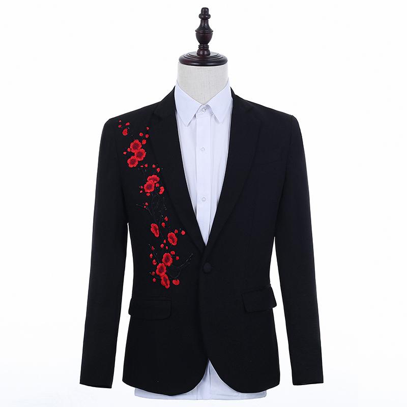 Изображение товара: Мужской дизайнерский пиджак с аппликацией, черно-красные блейзеры с цветочной вышивкой, мужское облегающее свадебное платье для жениха, пальто, смокинг