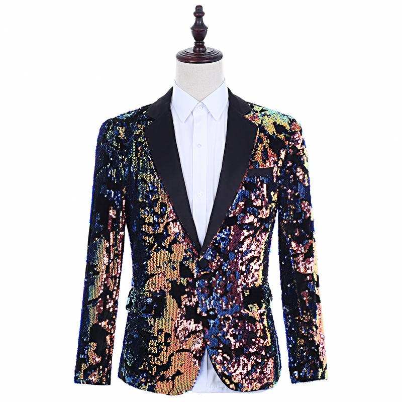 Изображение товара: Новый Красочный светоотражающий блестящий костюм, куртка, Модные приталенные блейзеры, Мужская одежда для выступления на сцене, костюм для диджея, пальто